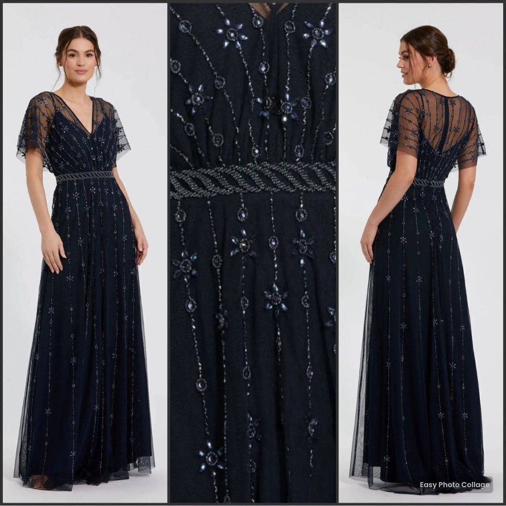 Mac Duggal 9223 Navy V Neck Embellished Flutter Sleeve A Line Gown